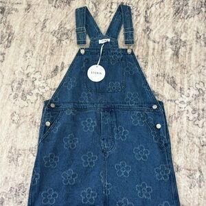 Storia Blue Denim Overall Dress with Floral Pattern